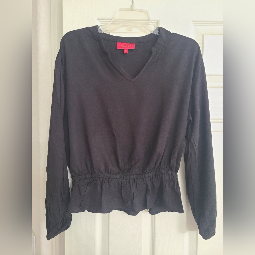 Jennifer Lopez Black Long Sleeve V-Neck Peplum Top